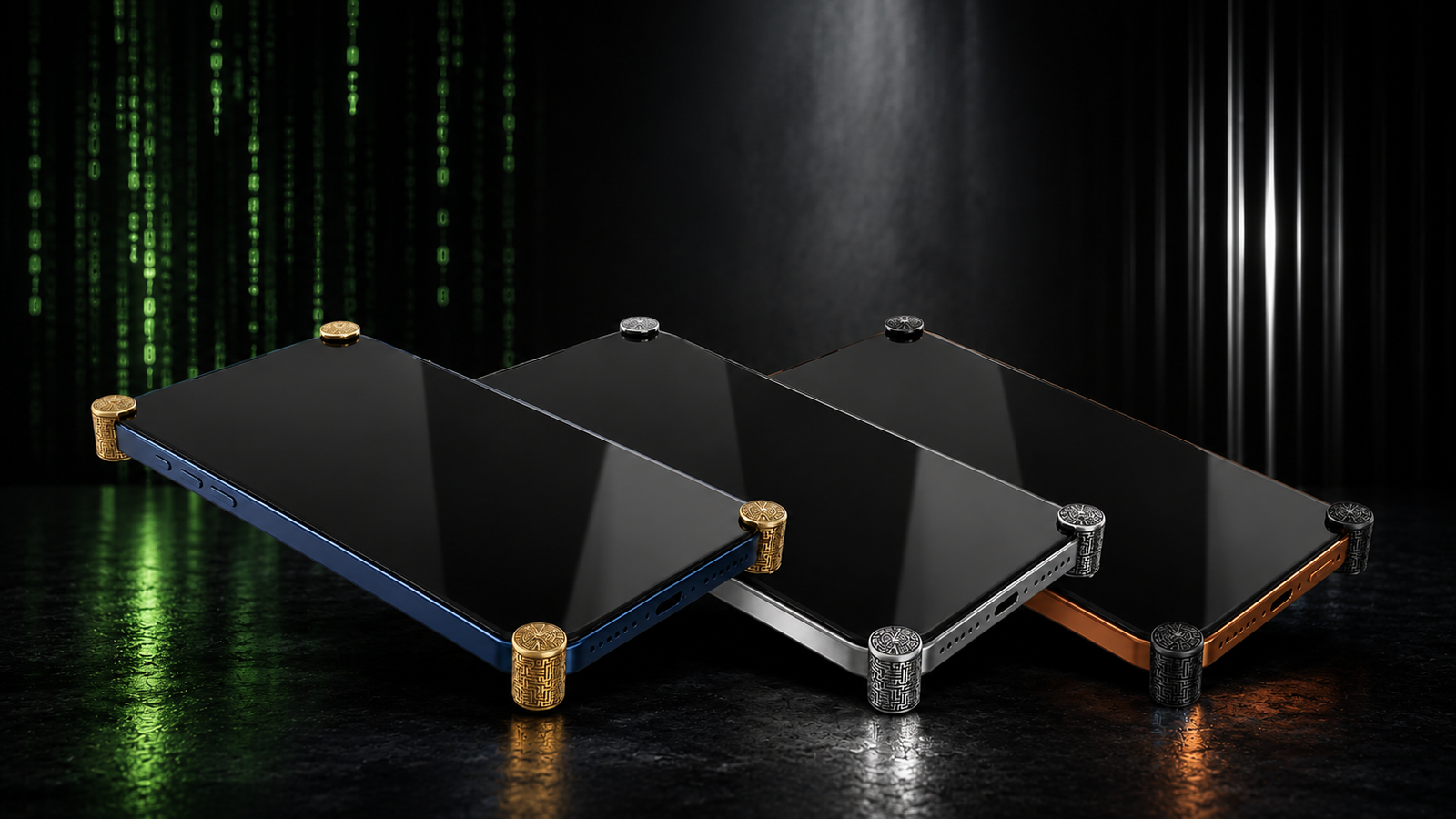 iPhones wearing Corners4 Matrix ICONS, engraved with a fine maze pattern