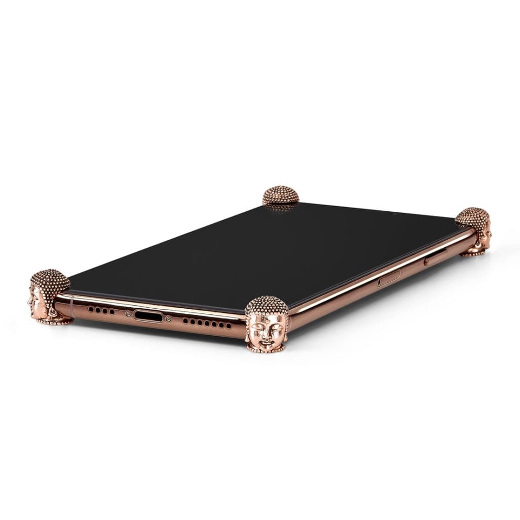 Rose Gold Buddha ICONS installed on all four corners of a bare iPhone 11 Pro / Pro Max