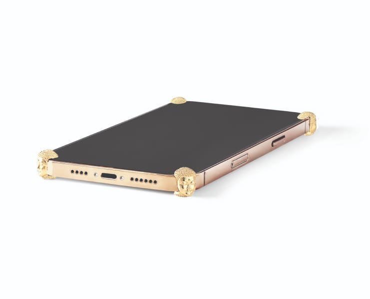 Gold Buddha ICONS installed on all four corners of a bare iPhone 12 / 12 Pro / Max / mini