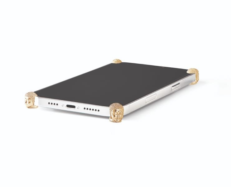 Rose Gold Buddha ICONS installed on all four corners of a bare iPhone 12 / 12 Pro / Max / mini