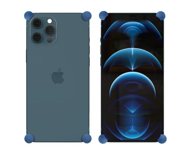 Blue Original CORNERS installed on all four corners of a bare iPhone 12 / 12 Pro / Max / mini