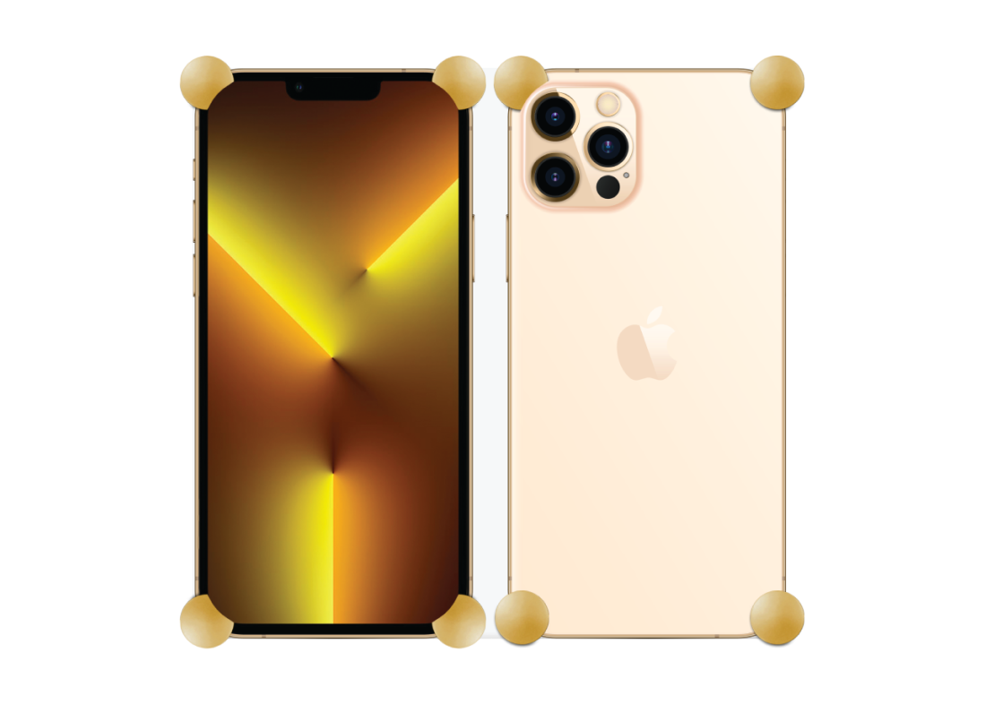 Gold Original CORNERS installed on all four corners of a bare iPhone 13 / 13 Pro / 13 Pro Max