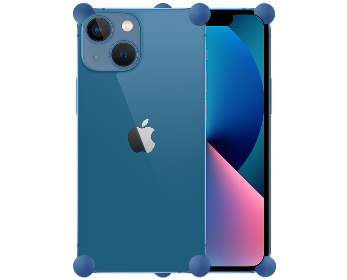 Blue Original CORNERS installed on all four corners of a bare iPhone 13 mini