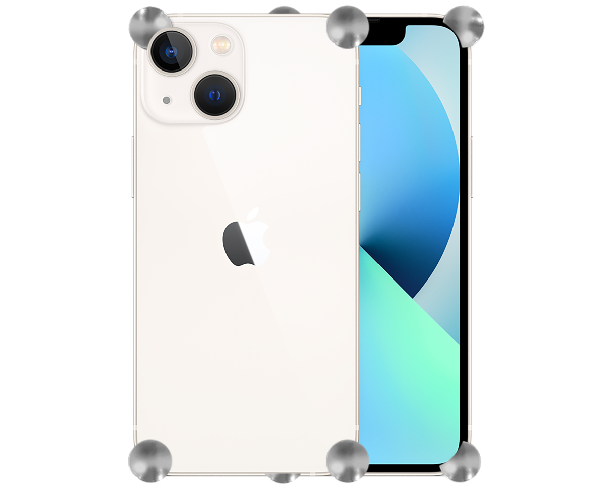 Silver Original CORNERS installed on all four corners of a bare iPhone 13 mini