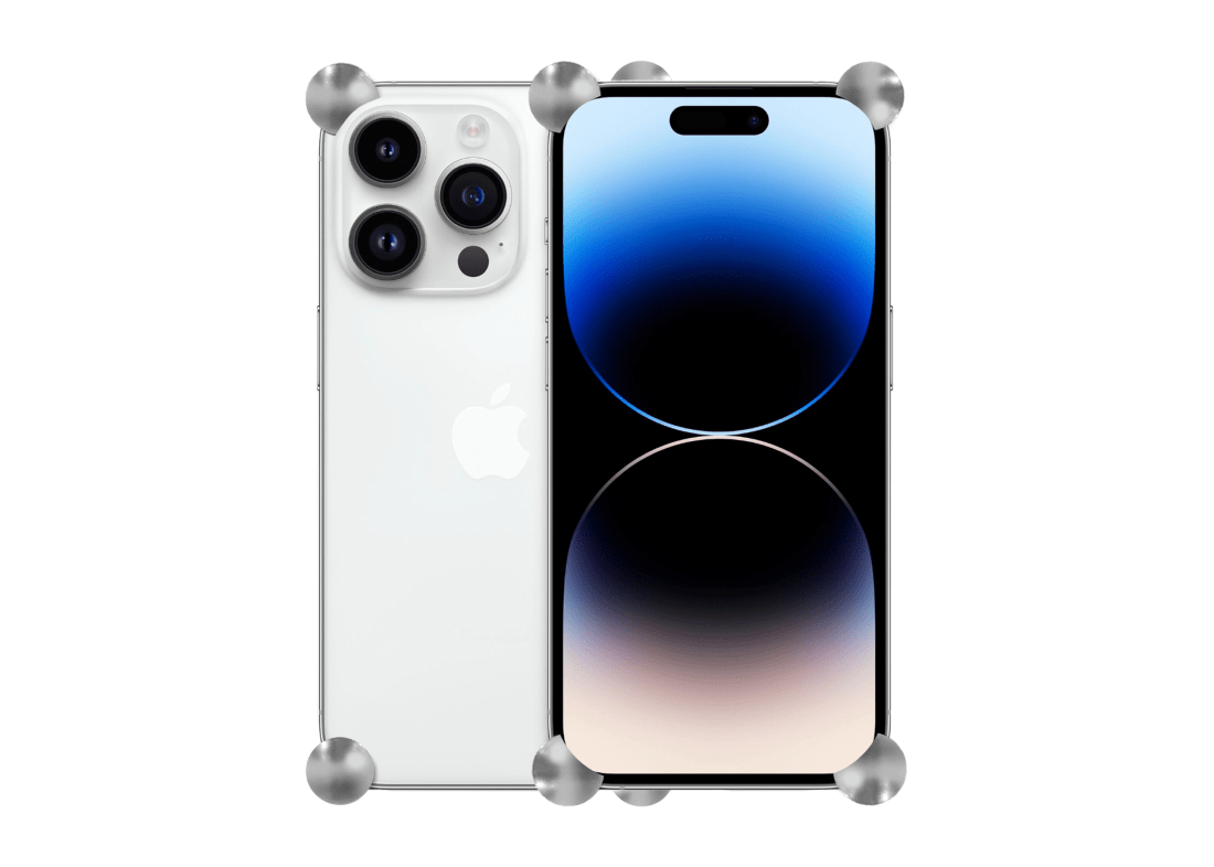 Silver Original CORNERS installed on all four corners of a bare iPhone 14 Pro / Pro Max