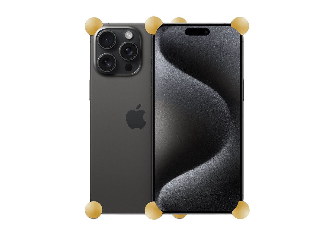 Gold Original CORNERS installed on all four corners of a bare iPhone 15 Pro / Pro Max