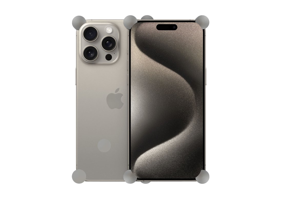 Titanium Original CORNERS installed on all four corners of a bare iPhone 15 Pro / Pro Max
