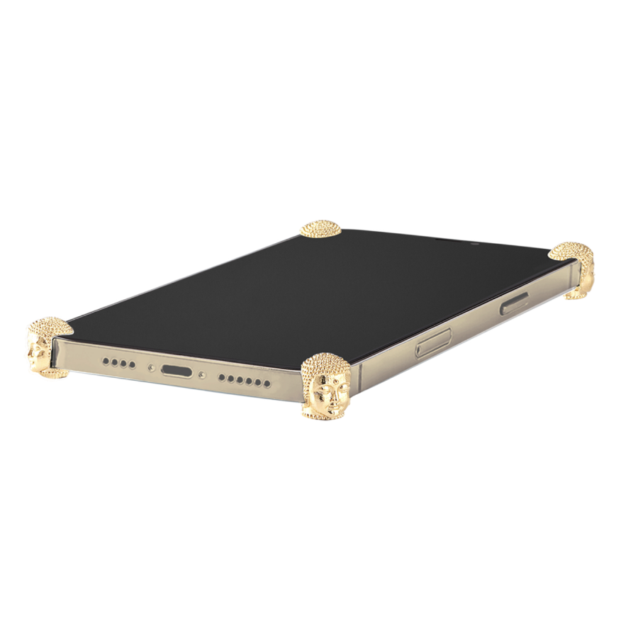 Gold Buddha ICONS installed on all four corners of a bare iPhone 16 / 16 Plus