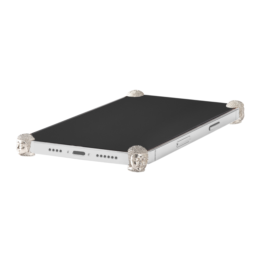 Silver Buddha ICONS installed on all four corners of a bare iPhone 16 / 16 Plus
