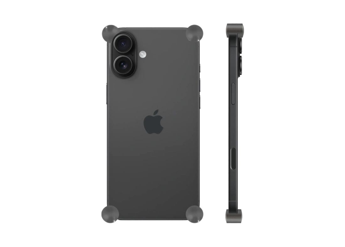 Carbon Original CORNERS installed on all four corners of a bare iPhone 16 / 16 Plus