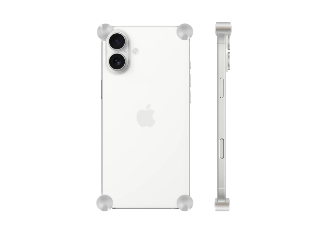 Silver Original CORNERS installed on all four corners of a bare iPhone 16 / 16 Plus