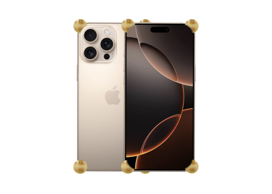 Gold Original CORNERS installed on all four corners of a bare iPhone 16 Pro / Pro Max