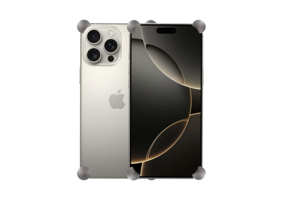 Titanium Original CORNERS installed on all four corners of a bare iPhone 16 Pro / Pro Max