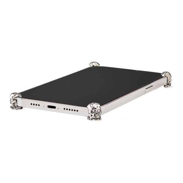 Silver Skull ICONS installed on all four corners of a bare iPhone 17 Pro / Max