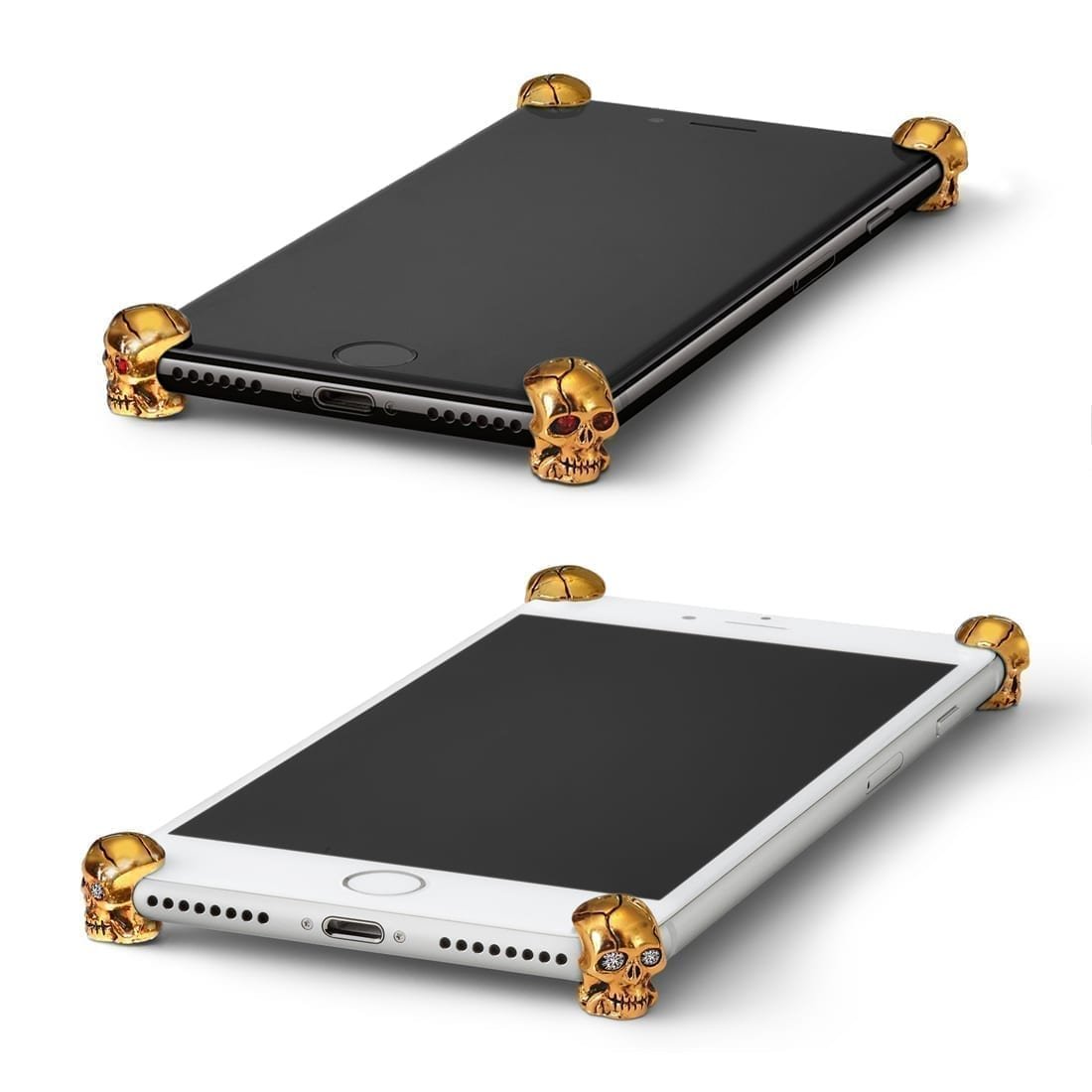 Gold Skull ICONS installed on all four corners of a bare iPhone X / XS / XS Max
