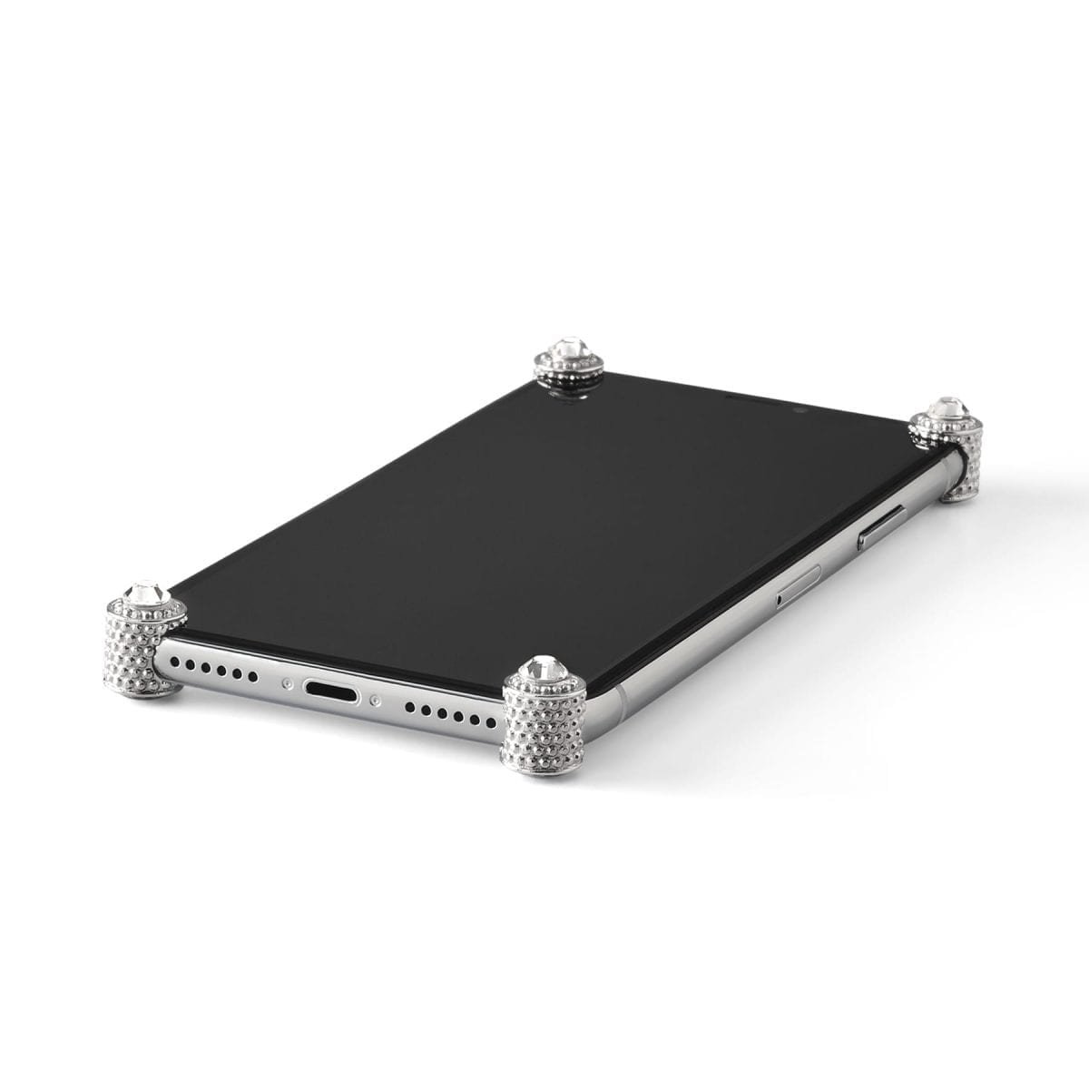 Satin Silver Studs & Stones ICONS installed on all four corners of a bare iPhone X / XS / XS Max